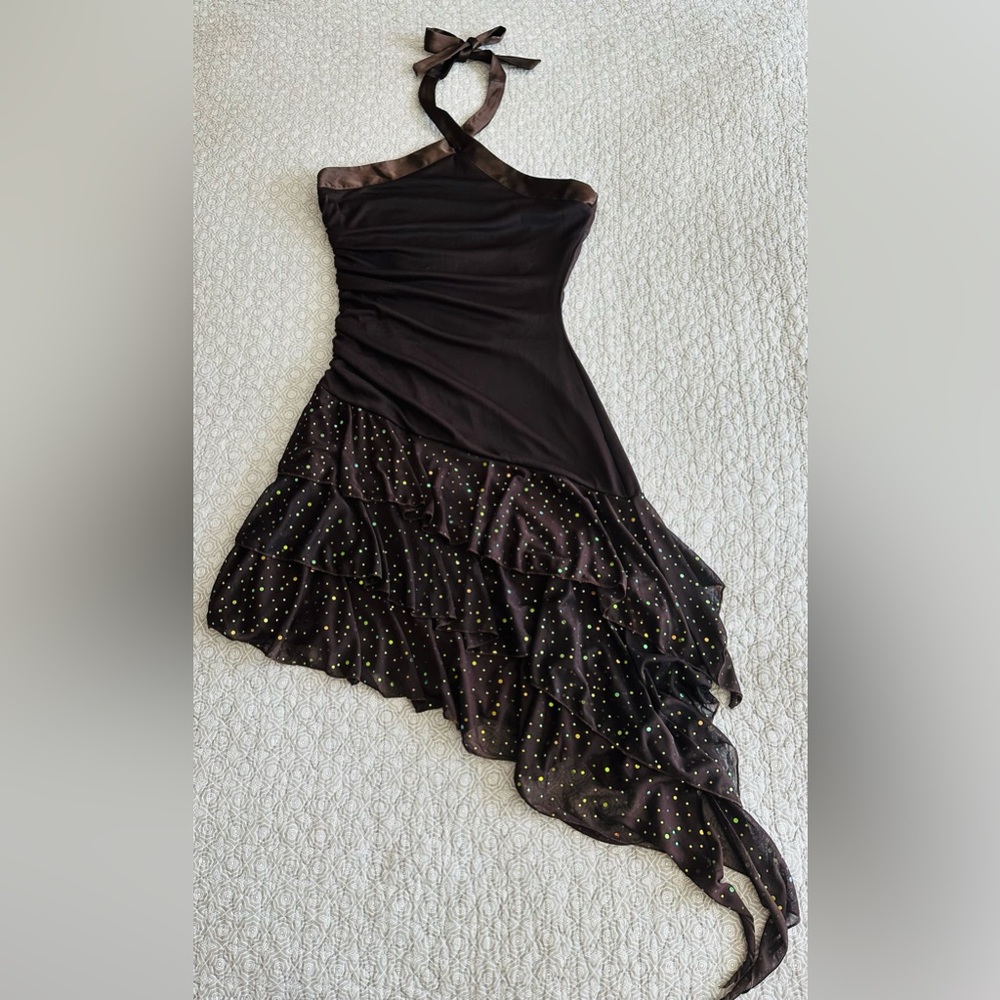 Vintage 90s A. Byer Brown Halter Dress Asymmetrical Sequin Tiered Flutter Size L - Picture 7 of 15